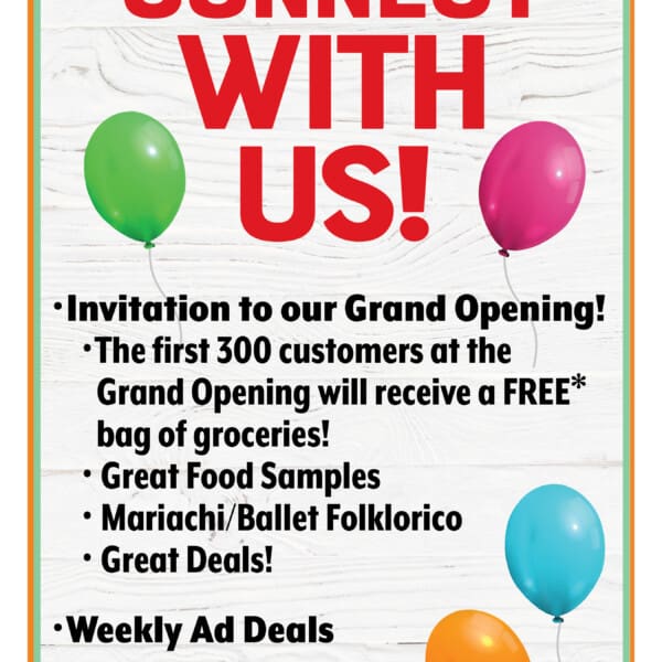 A flyer announcing the upcoming opening of Vallarta Supermarkets in Modesto, featuring balloons, a map, and a QR code.